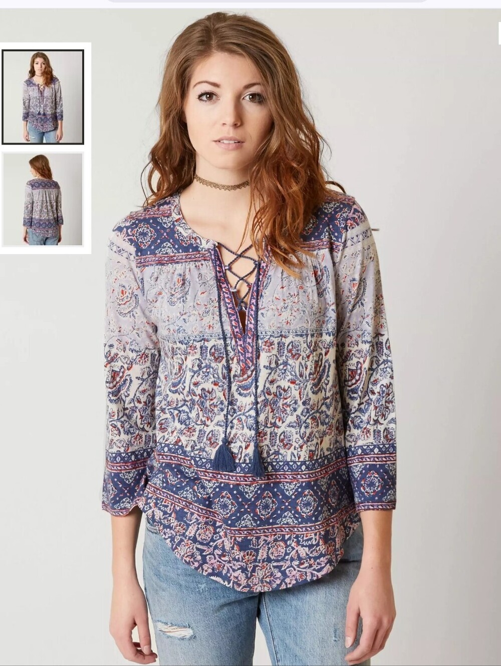 Lucky Brand Boho Tassel Peasant Top in Navy and White Size Small